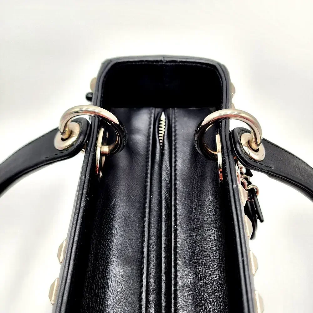 CHRISTIAN DIOR Black Leather Studs Embellished Medium Lady Dior Tote RARE - Picture 13 of 17
